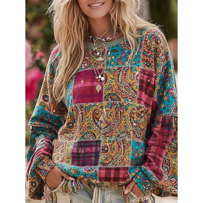 Women's Pullover Hoodies Floral Paisley Plaid Vintage Streetwear Boho Long Sleeve Crew Neck Hooded Regular Tops Dailywear Casual Drawstring Print Blue Spring Fall