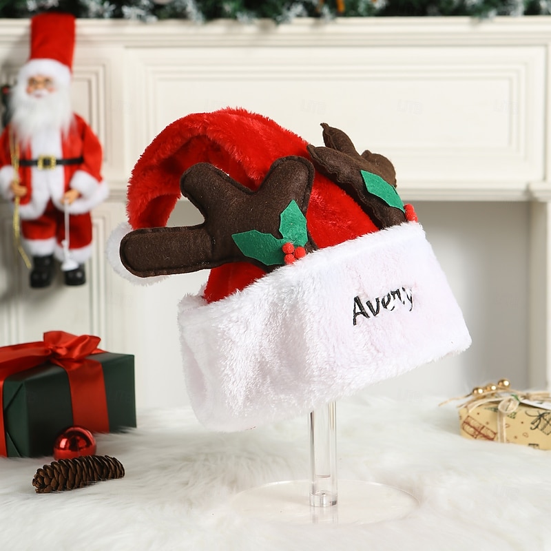 Personalized Embroidered Name Christmas Hat with Reindeer Antlers, Unisex Holiday Plush Santa Hat for Kids and Adults, Fun Party Decoration and Gift3