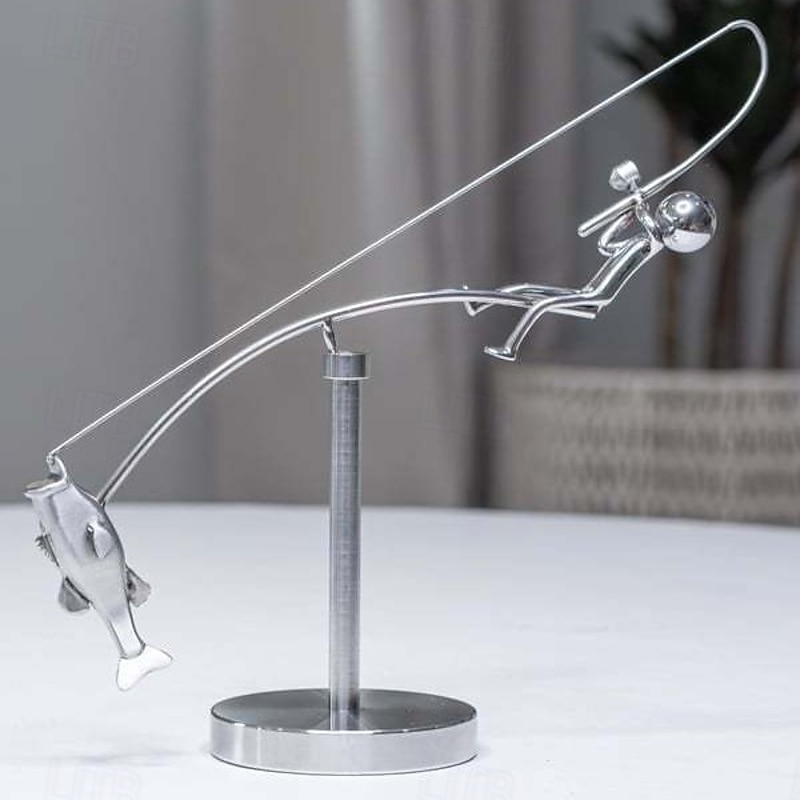 Kinetic Fishing Sculpture - Balance Art for Your Space Fisherman Kinetic Balancing Desk Toy Fishing Physics Sculpture for Home Office Art Deco Stainless Steel Balance Physics Toy
