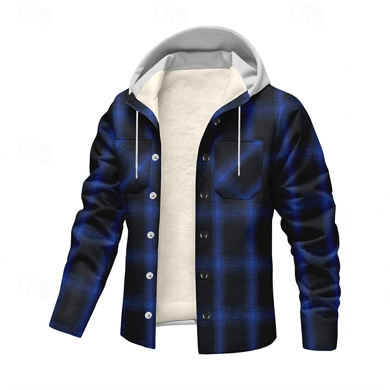 Men's Fleece Jacket Casual Jacket Hoodie Jacket Vacation Daily Thermal Warm Pocket Fleece Fall Winter Plaid Fashion Streetwear Hooded Regular Black Green Dark Blue Jacket3