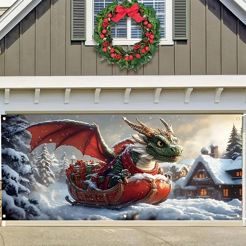 Christmas Tapestry Garage Door Cover Large Hanging Backdrop Dragon Cute 3D Fantasy Party Outdoor Holiday Shooting Backgrounds Yard Home Decor2