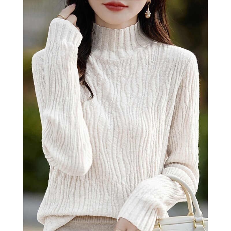 Women's Sweater Pullover Streetwear Casual Solid Color Mock Neck Knitted Long Sleeve Regular Tops Knit Daily Holiday Going out White Pink Fall Winter4