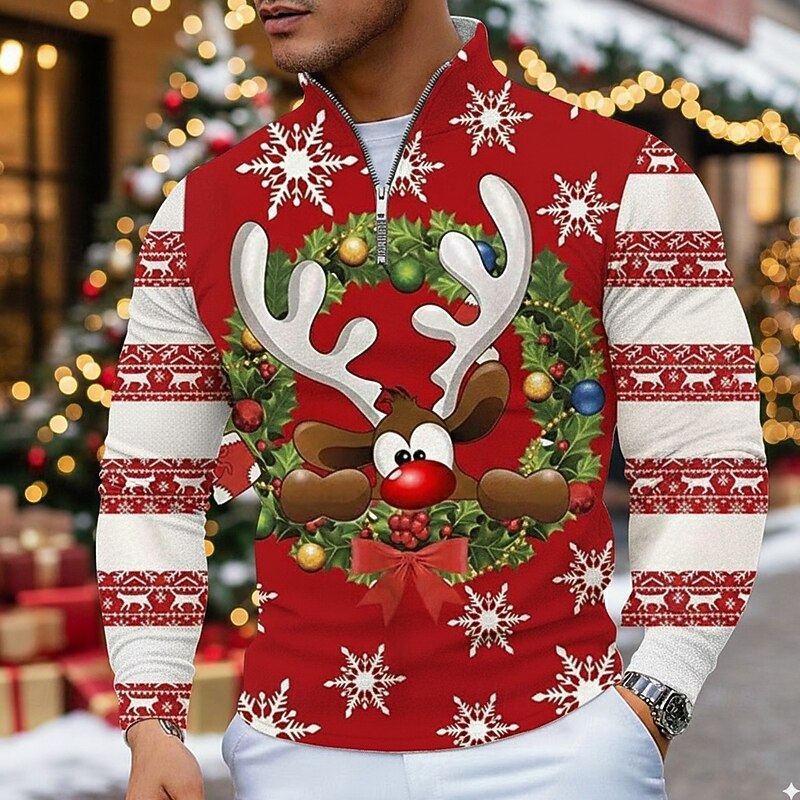 Christmas Men's Elk Polo Long Sleeve Polo Shirts Grandad Collar Casual Holiday Daily Wear Festival Outfit 3D Print Quarter Zip Polo Spring Fall Winter Black Red Green