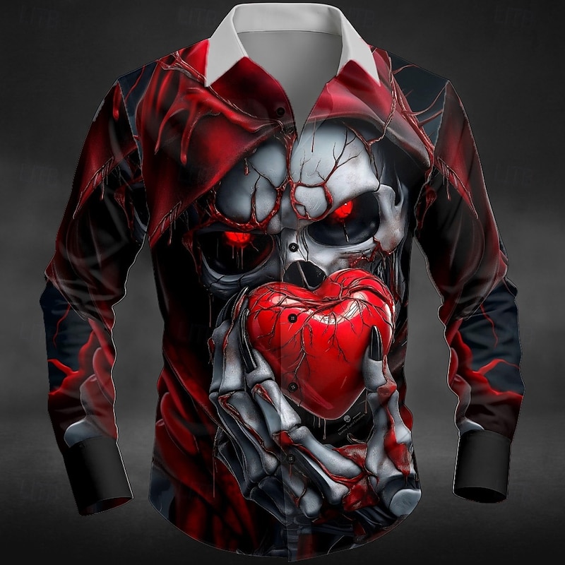 Halloween Men's Heart Skull Grim Reaper Shirt Button Up Shirt Long Sleeve Dark Punk Gothic Style Outdoor Holiday Summer Spring Turndown 3D Print Collared Shirts Red Blue Green