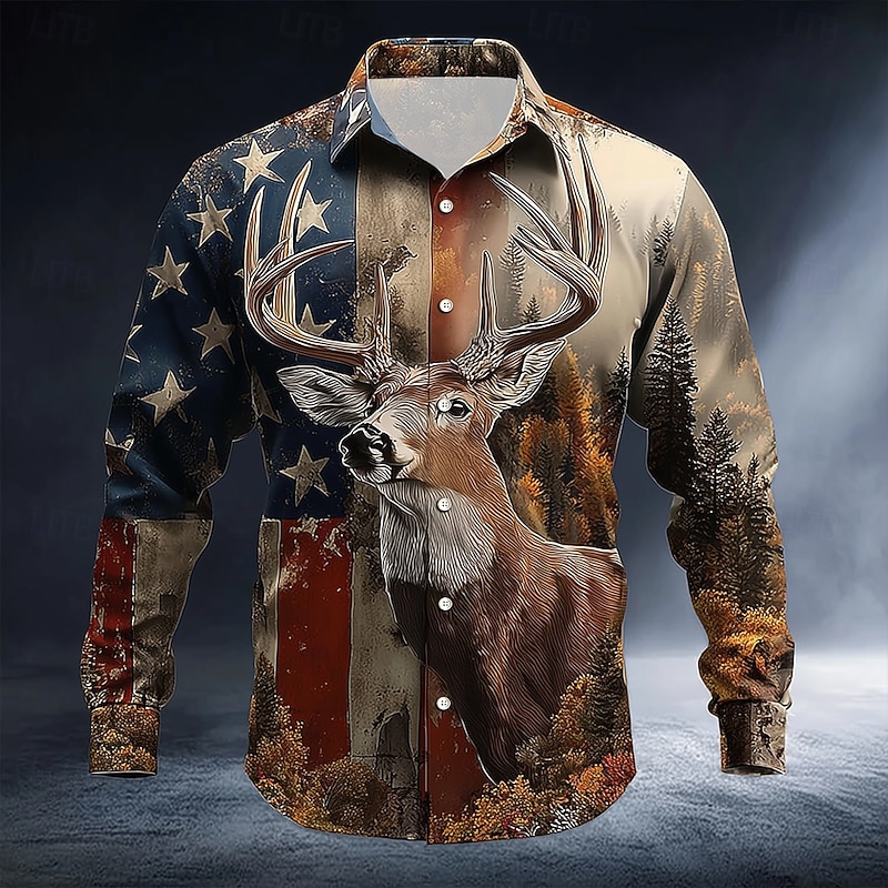 Men's Reindeer American US Flag Shirt Button Up Shirt Long Sleeve Vintage Retro Outdoor Camping & Hiking Hunting Spring Fall Turndown 3D Print Collared Shirts Blue Gray2