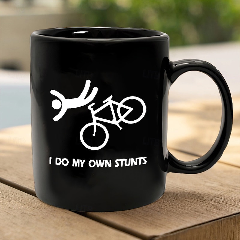 Funny Gift Mug 11oz Black Ceramic I Do My Own Stunts Coffee Cup with Bicycle Crash Graphic Humorous Gag Gift for Men Women Friends Cyclist Office Home3