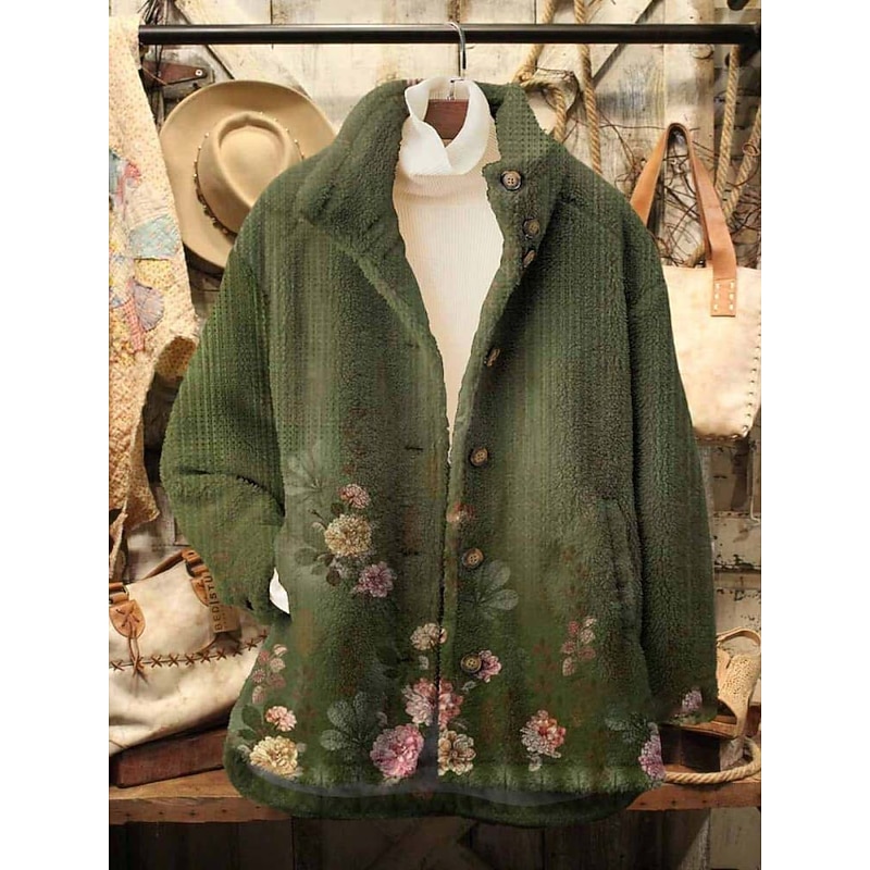 Women's Fleece Jacket Casual Jacket Comfortable Breathable Pocket Print Casual Floral Vacation Street Casual Daily Wear Zipper Long Turndown Regular Fit Long Sleeve Outerwear Blue Dark Green Green2