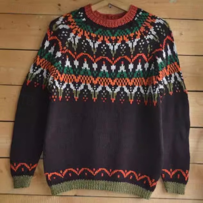 Women's Fair Isle Sweater Pullover Elegant Vintage Streetwear Geometric Ribbed Crew Neck Floral Long Sleeve Regular Tops Knit School Outdoor Home Black Red Spring Fall4