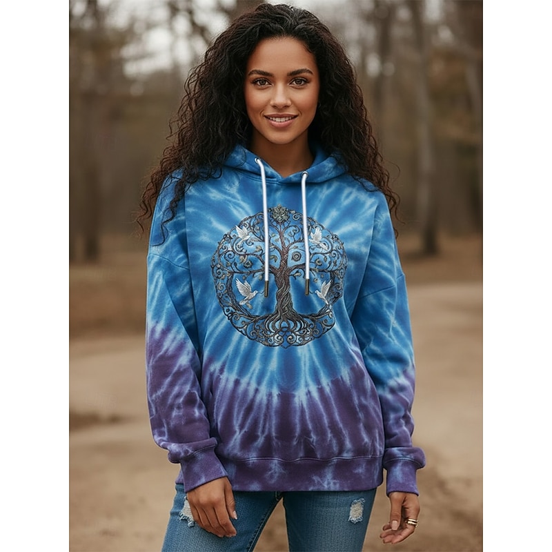 Women's Pullover Hoodies Floral Tie Dye Fashion Streetwear Casual Long Sleeve Hooded Regular Tops Dailywear Casual Drawstring Print Blue Spring Fall3