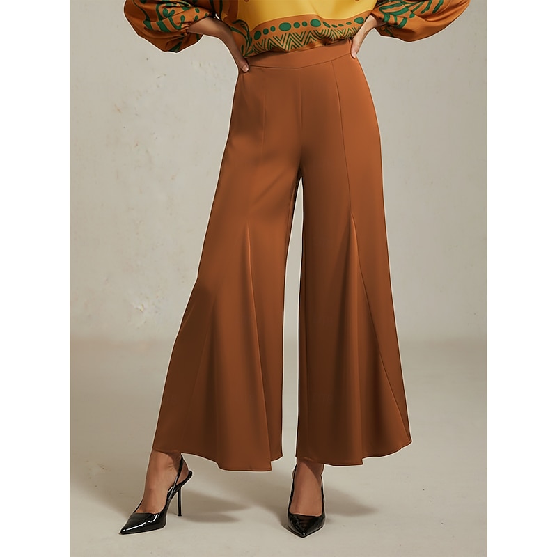 Women's Wide Leg Pants Khaki Satin Elastic Waist Pleated Loose Elegant Fit Spring Summer Autumn3