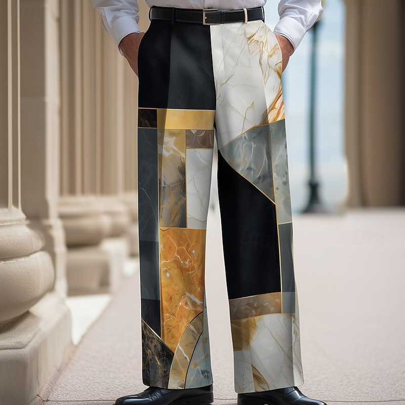 Men's Geometric Color Block Marble Trousers Dress Pants Suit Pants Mid Waist Fashion Casual Dailywear Holiday Streetwear Relaxed Fit Flat Front Dress Pants with Side Pockets Spring Fall 3D Print