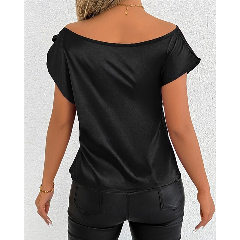 Women's Shirt Elegant Dressy Satin Solid Color Stylish Casual Short Sleeve Cold Shoulder Regular Tops Daily Going out Bow Black Pink Wine Purple Green Summer Spring3