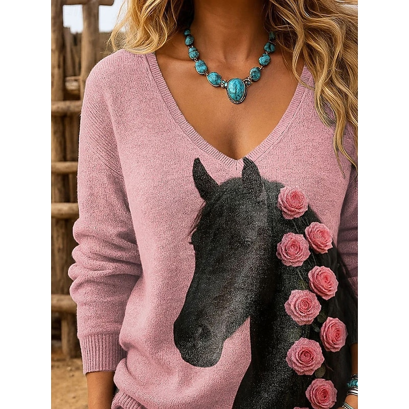 Women's Sweater Pullover Fashion Streetwear Casual Graphic Animal V Neck Oversized Knitted Long Sleeve Regular Tops Knit Outdoor Daily Pink Spring Fall2