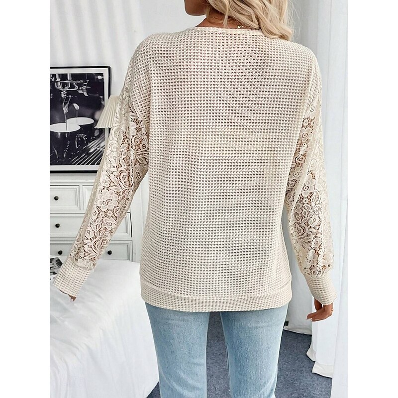 Women's Blouse Solid Color Stylish Casual Long Sleeve V Neck Regular Tops Daily Lace Patchwork Apricot Spring Fall Winter2