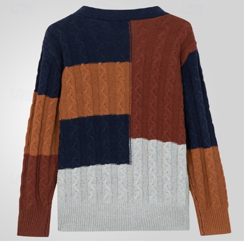 Men's Sweater Cardigan Sweater Ribbed Cable Knit Regular Tops Patchwork Knitted Plain V Neck Vacation Fashion Casual Daily Wear Clothing Apparel Fall Spring &  Fall Navy Blue M L XL2