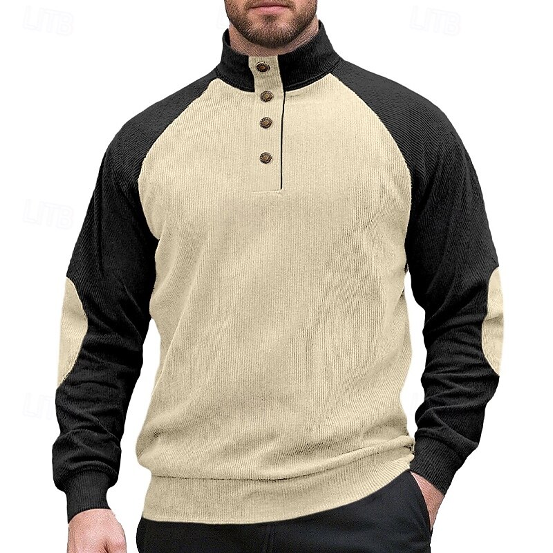 Men's Sweatshirt Corduroy Pullover Hoodie Sweatshirt Button Up Hoodie Apricot Wine Army Green Navy Blue Brown Standing Collar Plain Patchwork Sports & Outdoor Casual Daily Streetwear Cool Sportswear3