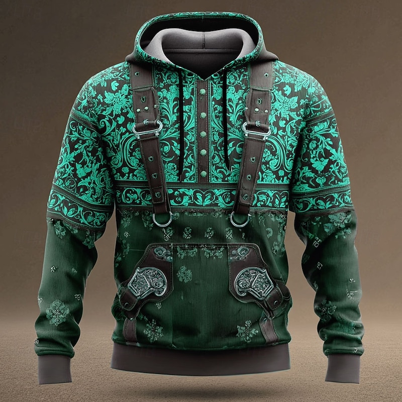 Men's Cowboy Hoodie Sweatshirt Ethnic Cowboy Crew Neck Streetwear Blue Brown Drawstring Fall Winter Designer3