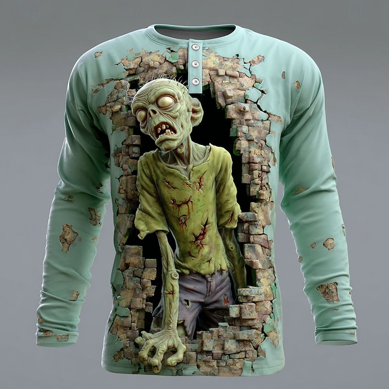 Men's Halloween Zombies Henley Shirt Long Sleeve Fashion Cute Daily Casual Holiday Going out Fall Spring &  Fall Light Green Light Blue Mint Green Khaki Henley Henley T-Shirt