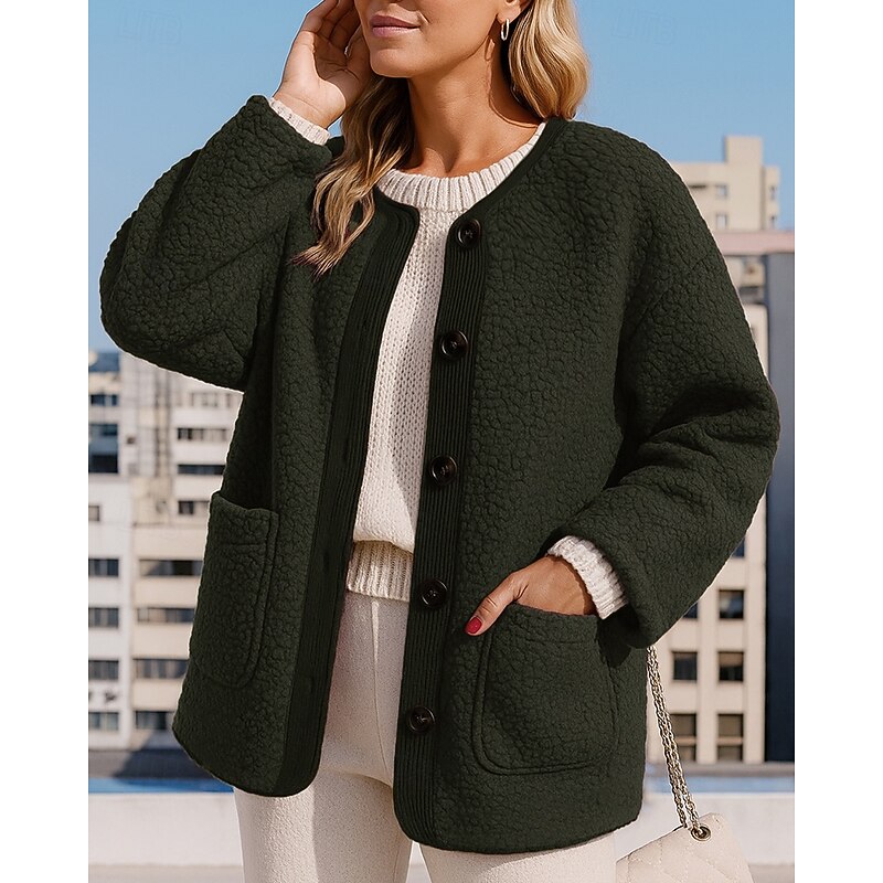 Women's Winter Coat Polar Fleece Jacket Buttons with Pockets Long Sleeve Top Athleisure Fall Solid Colored Warm Hiking Outdoor Travel Sportswear Activewear Wine Red Black White4