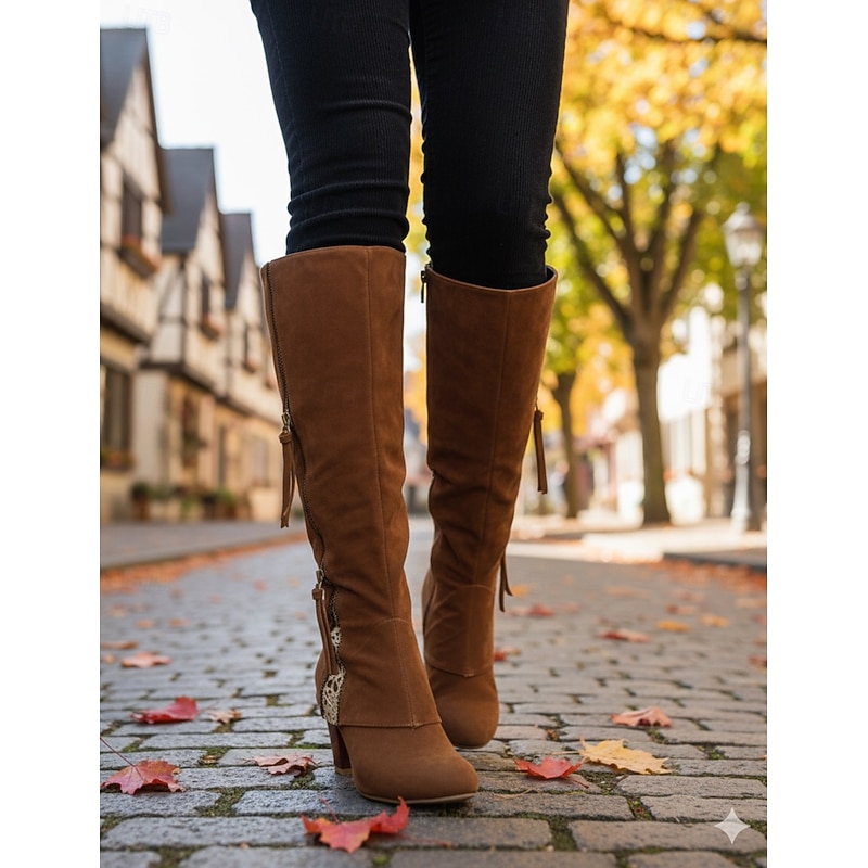Women's Vintage Western Boots with Lace Detailing and Side Zipper, Mid-Calf Suede Boots for Casual and Country Style3