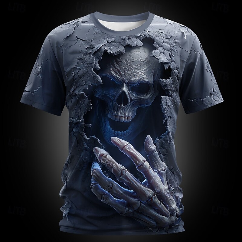 Halloween Men's Optical Illusion Grim Reaper 3D T Shirt Short Sleeve T shirt 3D Print Crew Neck Shirt Exaggerated Designer Horror Party Street Holiday Blue Purple Green Summer Spring All Seasons