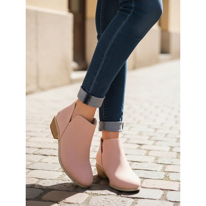 Women's Pink Faux Leather Low Heel Ankle Boots - Western Style Slip-On Booties for Casual and Everyday Wear
