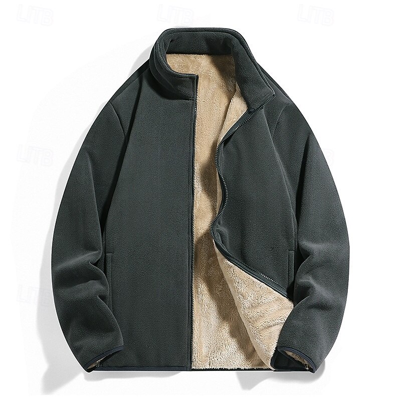 Men's Winter Jacket Fleece Jacket Casual Jacket Vacation Daily Thermal Warm Pocket Fleece Fall Winter Plain Fashion Streetwear Stand Collar Regular Black Brown Dark Blue Grey Jacket2