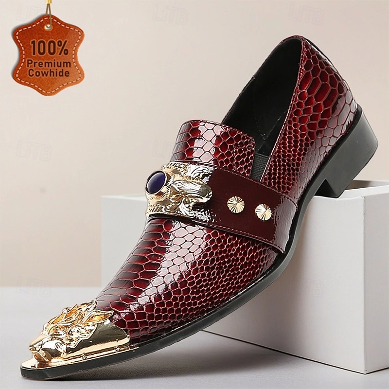 Men's Genuine Cowhide Leather Burgundy Crocodile Print Loafers with Decorative Metal and Gemstone – Luxury Business and Formal Party Shoes