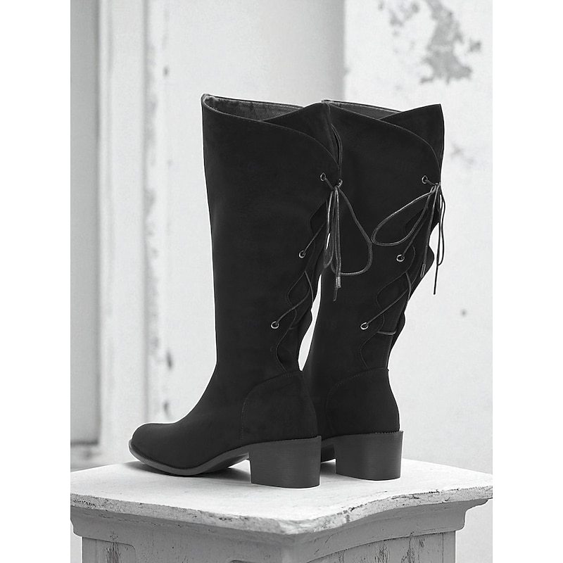 Women's Extra Wide Calf Knee High Boots – Black Casual Faux Suede Style Boots with Block Heel for Plus Size Comfort and Everyday Wear3