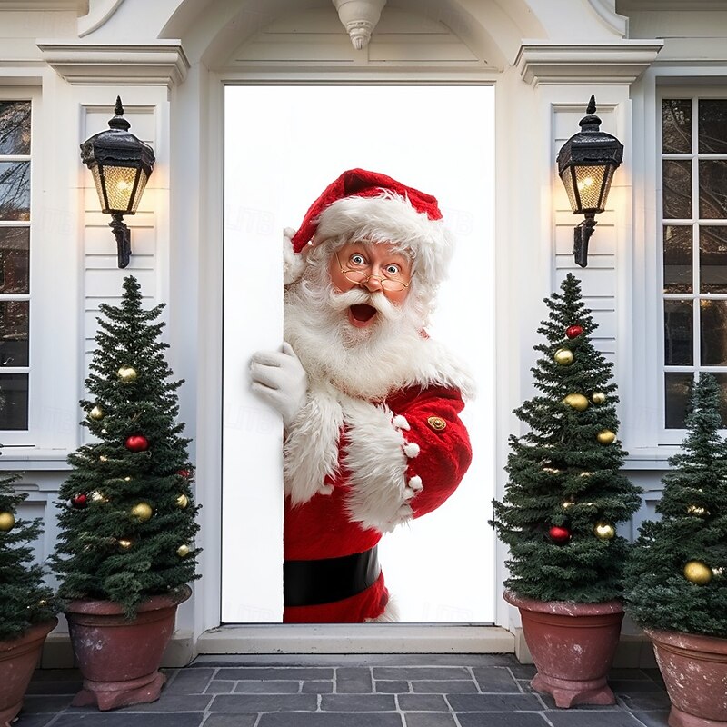 Christmas Door Cover, Funny Peeking Santa Face Door Curtain, Festive 2025 Xmas Entrance Banner for Holiday Party, Indoor Outdoor Porch Decoration2
