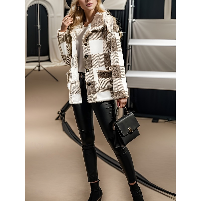 Women's Fleece Jacket Sherpa Jacket Casual Jacket Comfortable Breathable Pocket Buttons Print Casual Plaid Vacation Street Casual Daily Wear Single Breasted Long Turndown Regular Fit Long Sleeve3