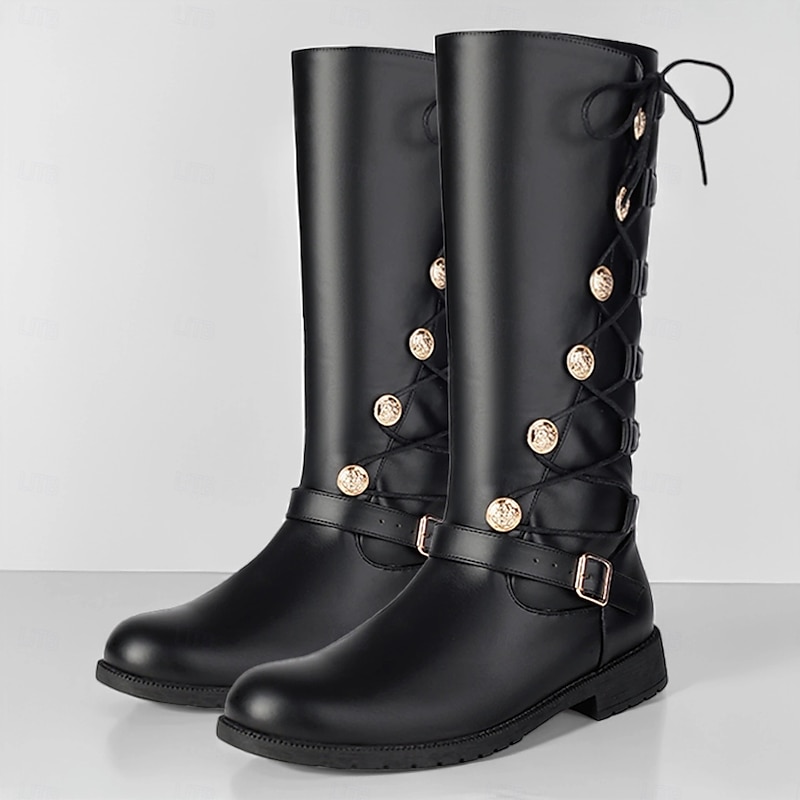 Men's Black Knee-High Boots with Gold Button Details – Sleek and Stylish, Great for Semi-Formal and Trendy Occasions