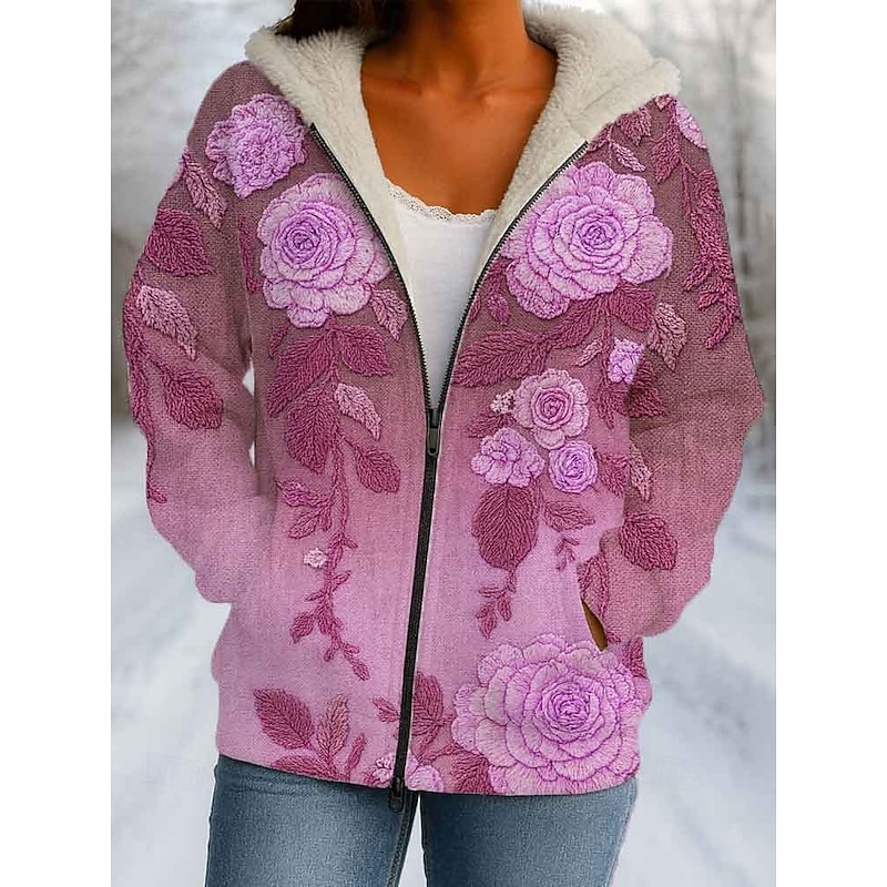 Women's Winter Coat Winter Jacket Windproof Warm Zipper Pocket Fleece Lined Casual Floral Casual Athleisure Daily Daily Wear Regular Hooded Regular Fit Long Sleeve Outerwear Pink Blue Green Winter2