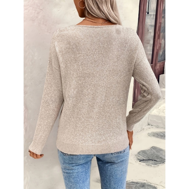 Women's Sweater Casual Soft Pure Color Ribbed V Neck Knitted Long Sleeve Regular Tops Knit Outdoor Daily Weekend Khaki Fall Winter2