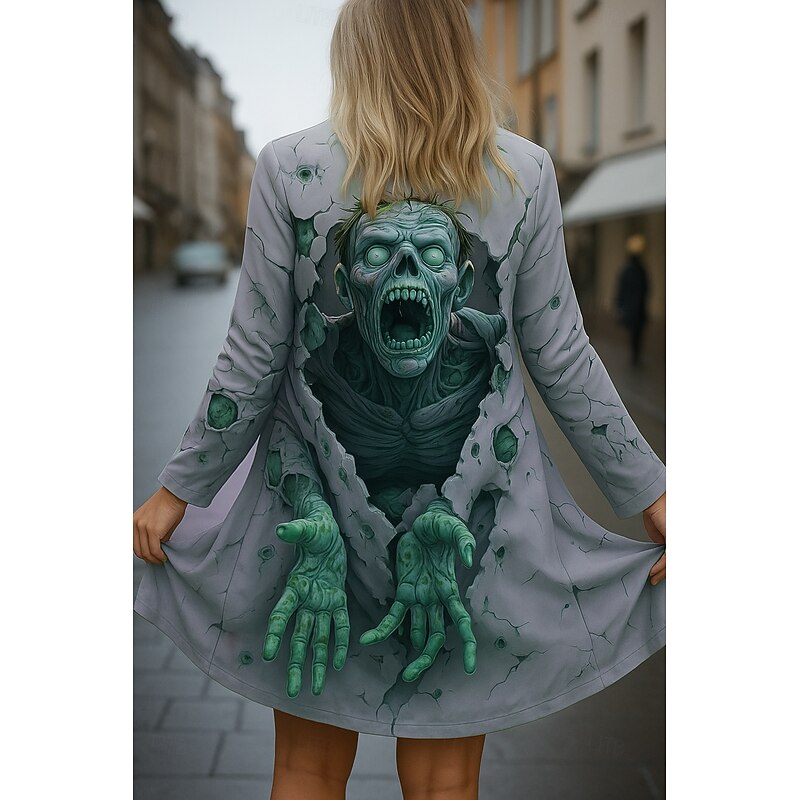 Halloween Skull Women's Cloak / Capes Quick Dry Lightweight Knit Active Exaggerated 3D Casual Long Collarless Regular Fit Long Sleeve Outerwear Light Green Pink Purple Fall4