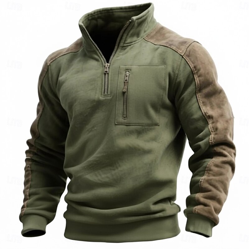 Men's T Shirt Long Sleeve Stand Collar Half Zip Fall Winter Spring &  Fall Color Block Vintage Daily Casual Pocket Color Block Outdoor Causal Casual Black Wine Green Top Tee for Men