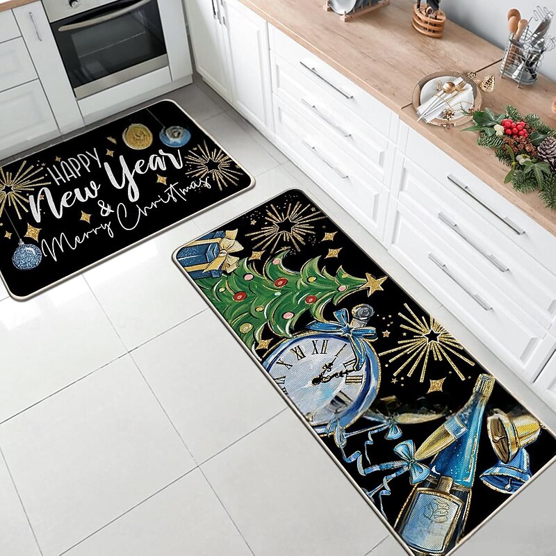 Christmas Cartoon Kitchen Floor Mat 2-Piece Set, Santa Claus Holiday Decoration, Festive Kitchen Rug3