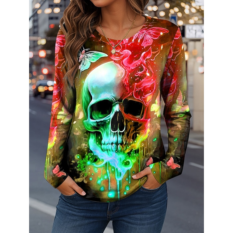 Halloween Women's T Shirt Skulls Graphic Fashion Casual Long Sleeve Crew Neck Regular Tops Daily Weekend Print Red Blue Purple Green Spring Fall Winter3