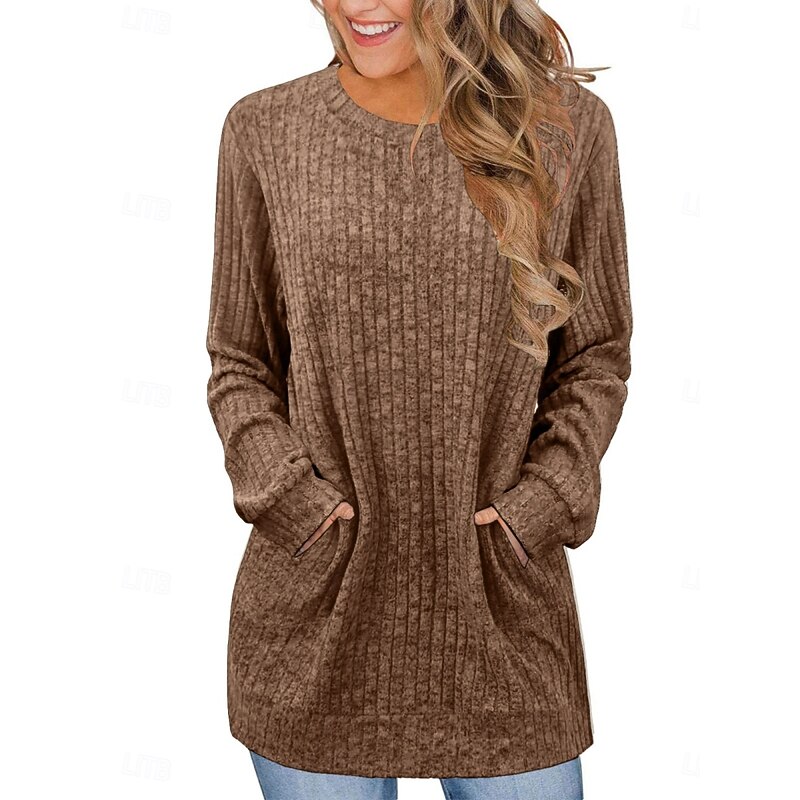 Women's Blouse Solid Color Stylish Casual Long Sleeve Crew Neck Long Tops Daily Pocket Black Blue Purple Brown Green Spring Fall Winter3