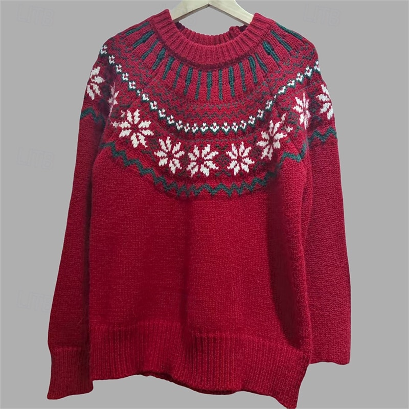 Women's Christmas Sweater Fair Isle Sweater Fashion Casual Snowflakes Ribbed Crew Neck Knitted Long Sleeve Regular Tops Knit Outdoor Daily Weekend Red Fall Winter2