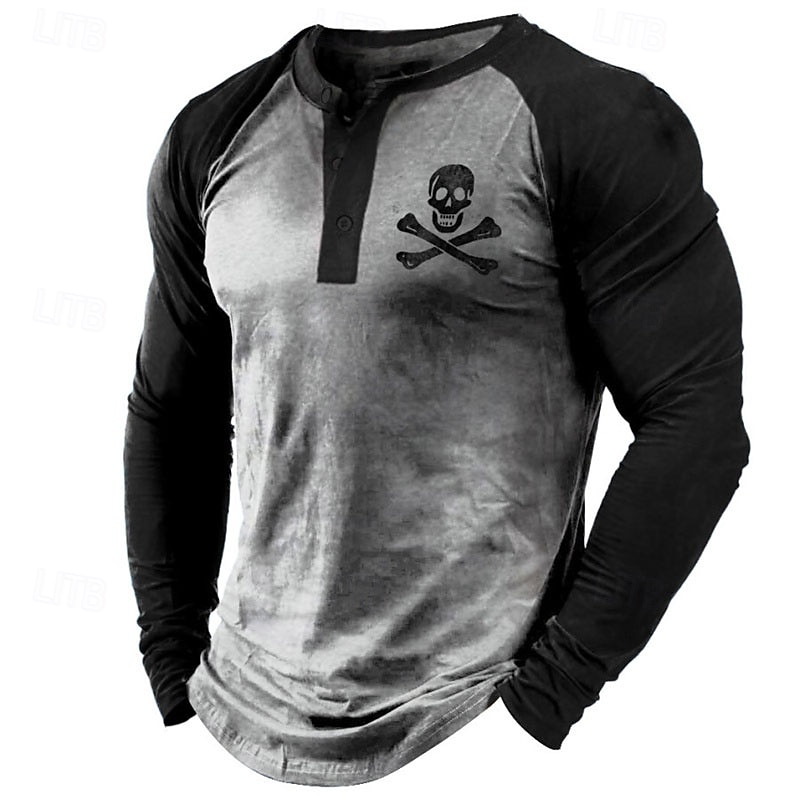 Men's Halloween Skull Graphic Prints Henley Shirt Cool Shirt Long Sleeve Shirt Long Sleeve Hot Stamping Designer Basic Modern Contemporary Vacation Street Going out Spring &  Fall Black White Gray4