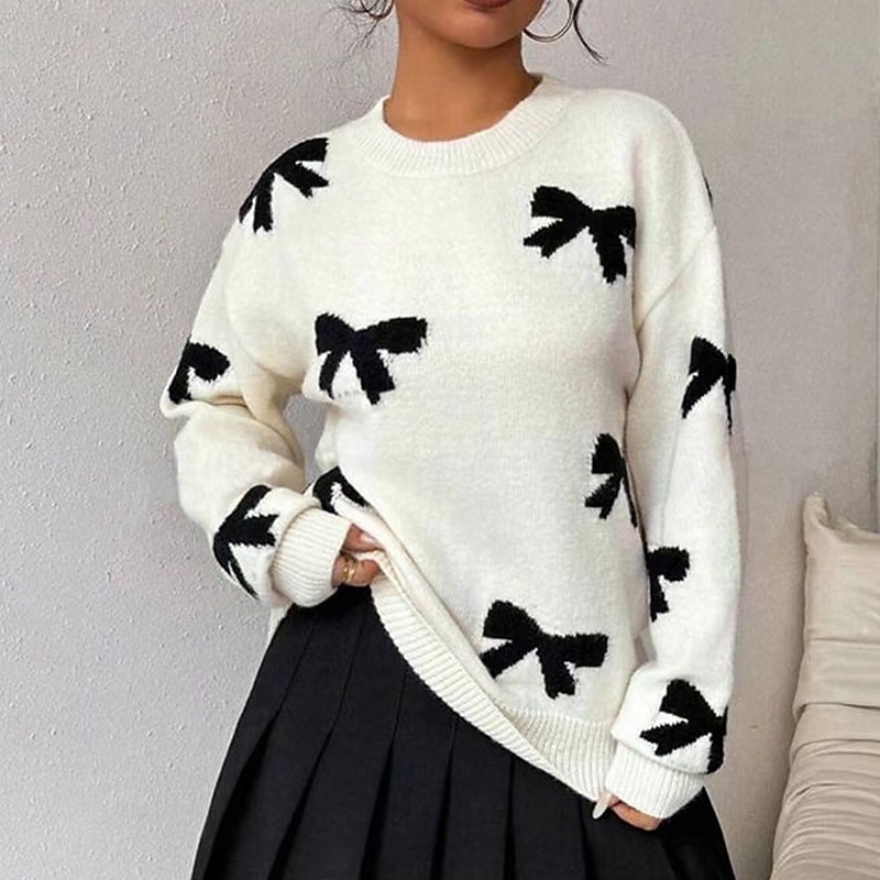 Women's Sweater Pullover Streetwear Casual Floral Crew Neck Knitted Print Long Sleeve Regular Tops Knit Daily Going out Weekend Apricot Fall Winter4