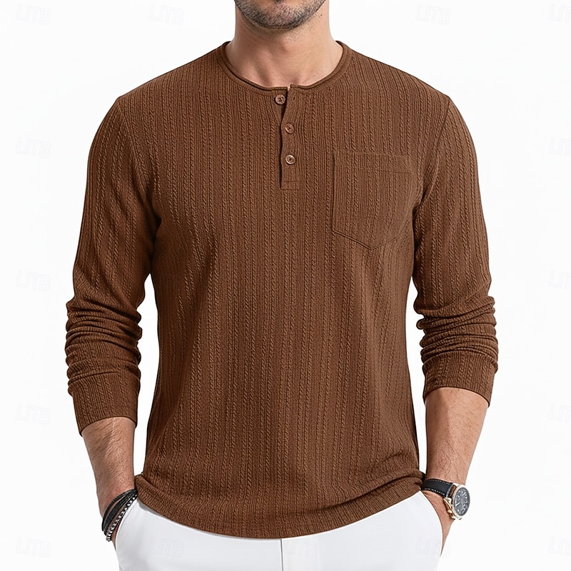 Men's T Shirt Ribbed Knit tee Tee Top Long Sleeve Shirt Long Sleeve Henley Spring Fall Winter Plain Pit Strip Fashion Designer Basic Jacquard Knitting Vacation Street Casual Blue Purple Brown Top Tee3