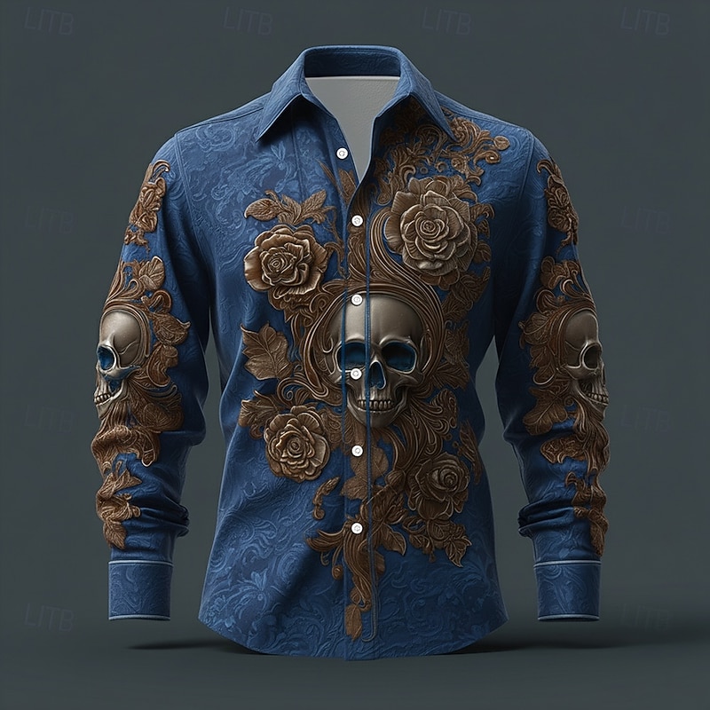 Men's Skull Floral Print Day of the Dead Shirt Button Up Shirt Long Sleeve Vintage Retro Dark Gothic Style Outdoor Holiday Spring Fall Turndown 3D Print Collared Shirts Black Red Blue Orange Brown4
