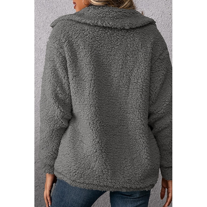 Women's Sherpa Jacket Comfortable Breathable Pocket Buttons Casual Plain Vacation Street Casual Daily Wear Single Breasted Short Turndown Regular Fit Long Sleeve Outerwear Khaki Army Green Dark Gray3