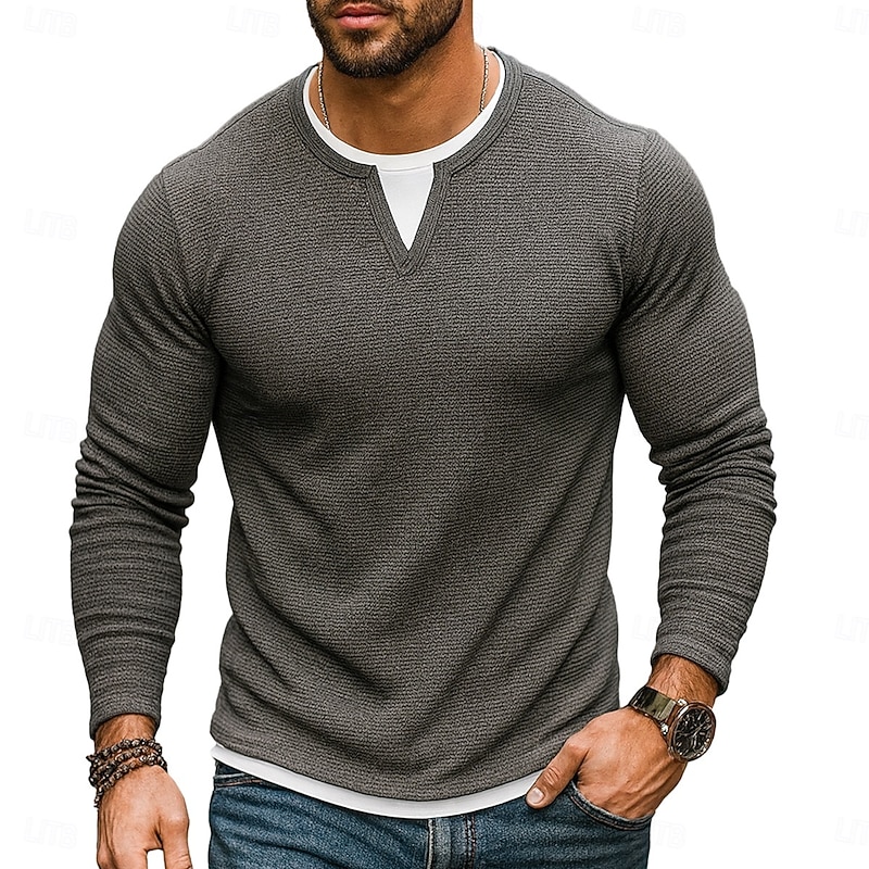 Men's Waffle T-shirt T Shirt Waffle Henley Shirt Long Sleeve Crew Neck V Neck All Seasons Solid Color Traditional / Vintage Casual Fake two piece Outdoor Home Sports & Outdoor Navy Blue Purple Army