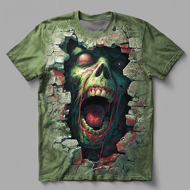 Halloween Men's Optical Illusion Zombies 3D T Shirt Short Sleeve T shirt 3D Print Crew Neck Shirt Exaggerated Designer Horror Party Street Holiday Green 1# Green 2# Green 3# Summer Spring All Seasons