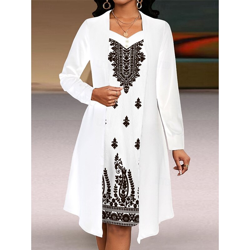 Women's Midi Dress A Line Dress Casual Daily Regular Fit Floral Long Sleeve V Neck White Summer Spring Fall