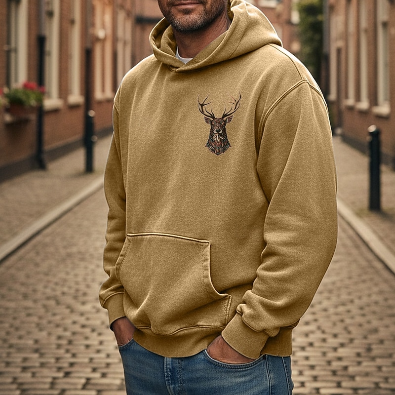 Men's Hoodie Distressed Hoodie Black Yellow Pink Red Blue Hooded Reindeer Drawstring Pocket Front Pocket Sports & Outdoor Daily Holiday Cotton Streetwear Basic Casual Spring &  Fall Clothing Apparel