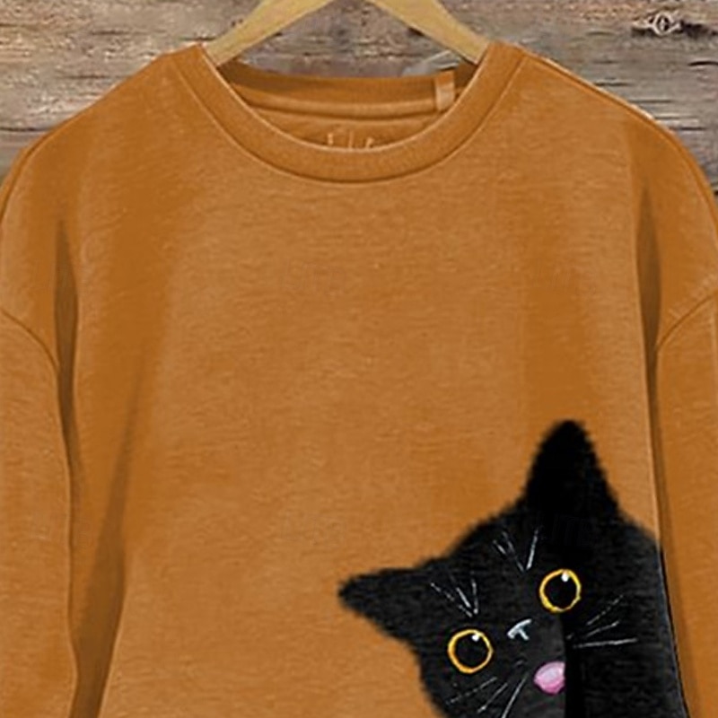 Women's Pullover Sweatshirts Cat Fashion Streetwear Classic Long Sleeve Round Neck Regular Tops Dailywear Casual Print Orange Spring Fall2